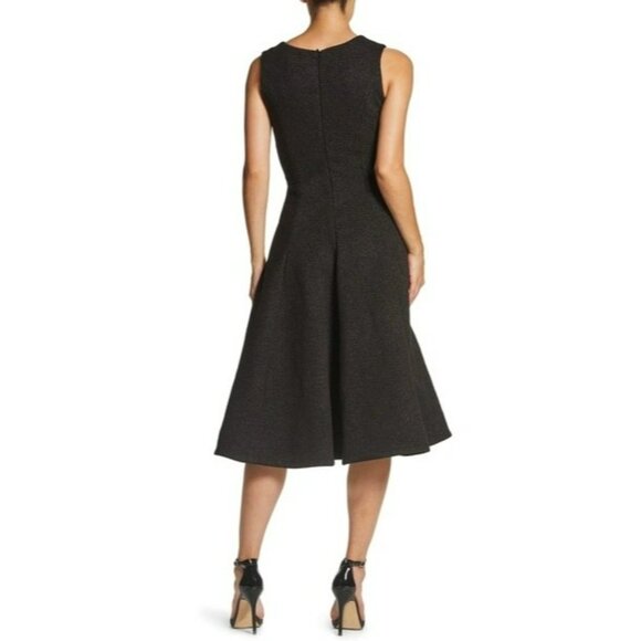 Dress the Population Modest Black V Neck Fit Flare Midi Dress - Picture 4 of 16